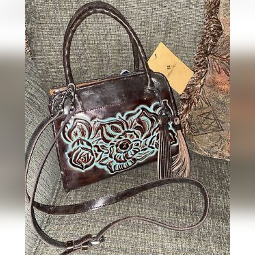 Patricia Nashโ Paris Satchel Tooled Turquoise Brown Leather P018133 New